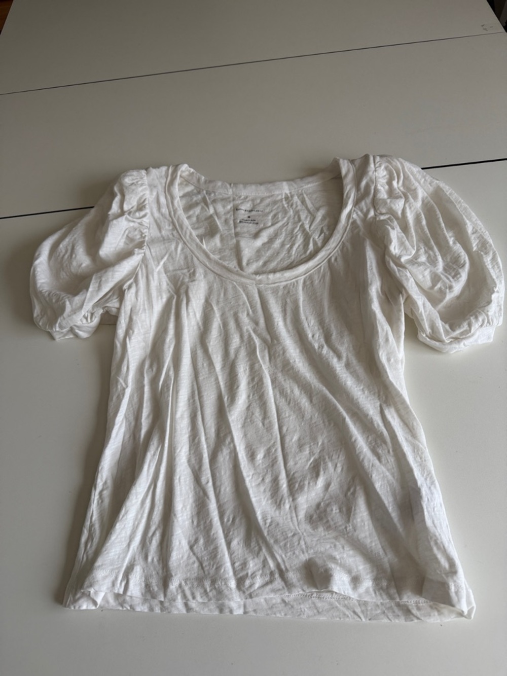 Anthropologie White Scoop Neck Puff Sleeve Tee M